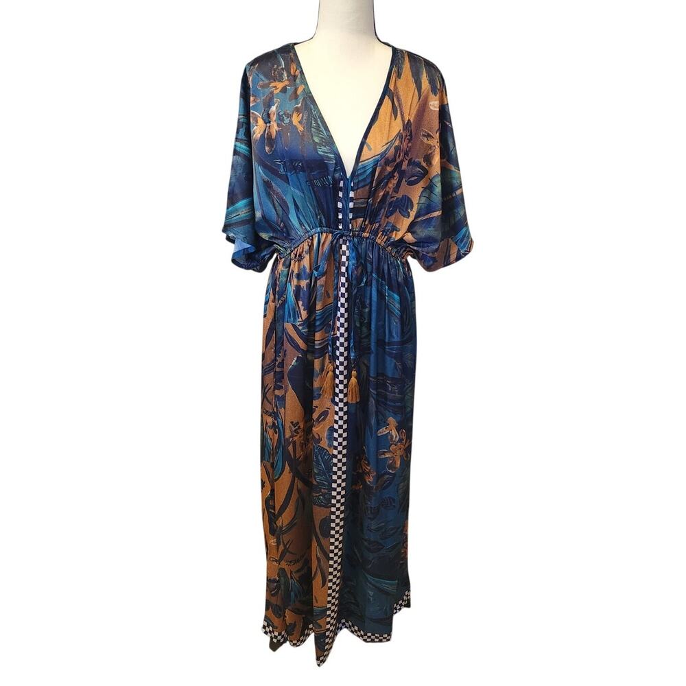 World Market Mira Blue And Brown Satin Tropical Print Kaftan Maxi Dress L/XL